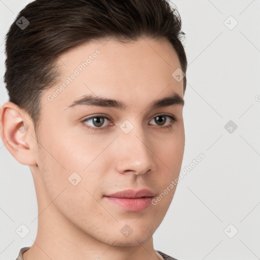 Neutral white young-adult male with short  brown hair and brown eyes