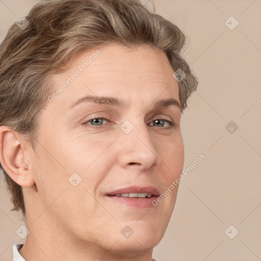 Joyful white adult female with short  brown hair and brown eyes