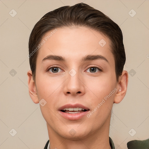 Joyful white young-adult female with short  brown hair and brown eyes