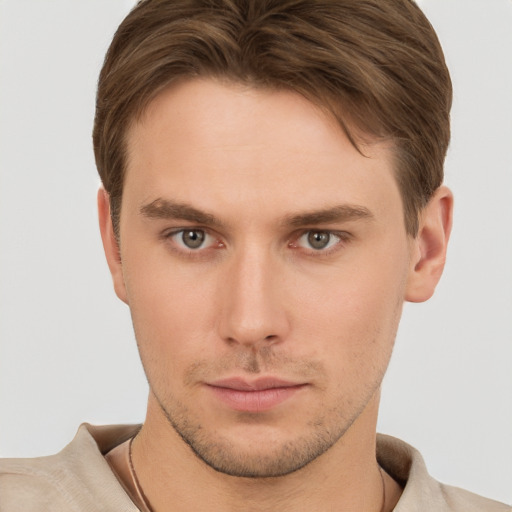 Neutral white young-adult male with short  brown hair and brown eyes