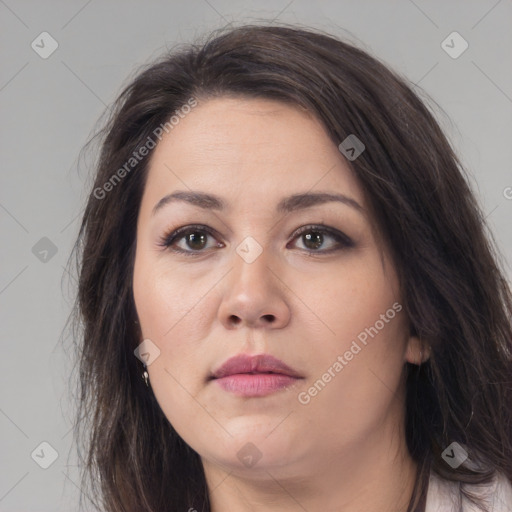 Neutral white young-adult female with long  brown hair and brown eyes