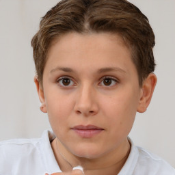 Neutral white young-adult female with short  brown hair and brown eyes