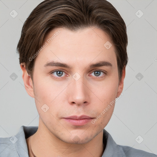 Neutral white young-adult male with short  brown hair and grey eyes