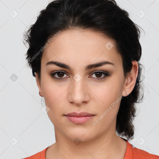 Neutral latino young-adult female with medium  brown hair and brown eyes