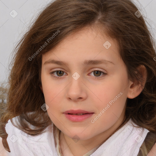 Joyful white child female with medium  brown hair and brown eyes