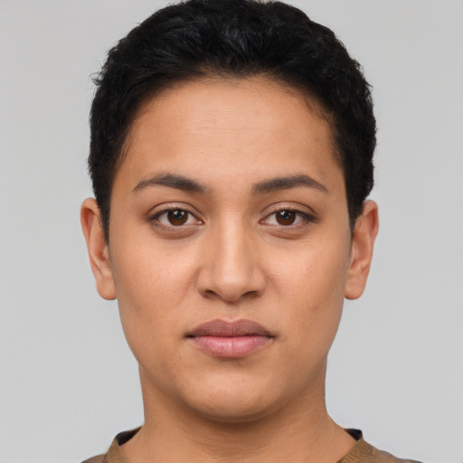 Neutral white young-adult female with short  black hair and brown eyes