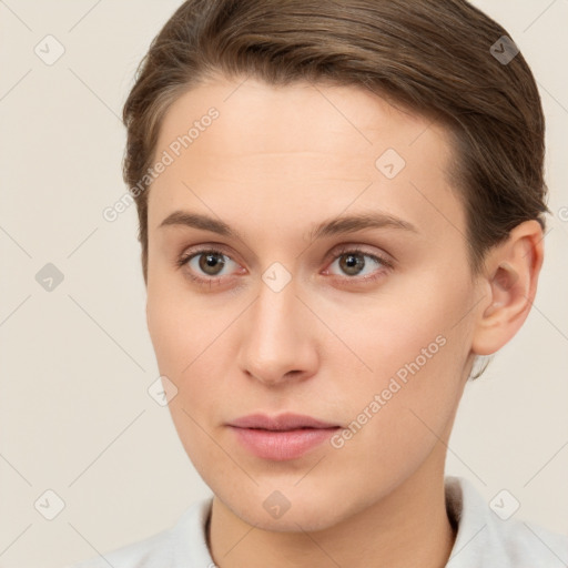 Neutral white young-adult female with short  brown hair and brown eyes