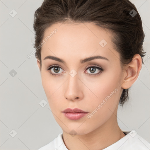 Neutral white young-adult female with medium  brown hair and brown eyes