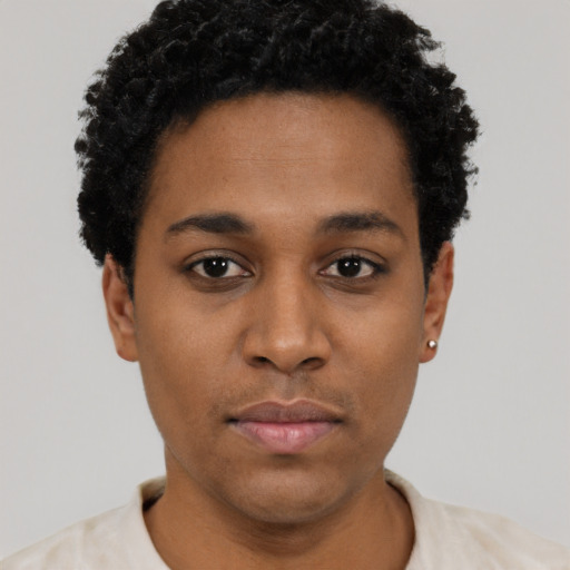 Neutral black young-adult male with short  black hair and brown eyes