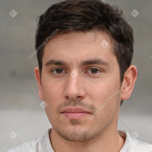 Neutral white young-adult male with short  brown hair and brown eyes