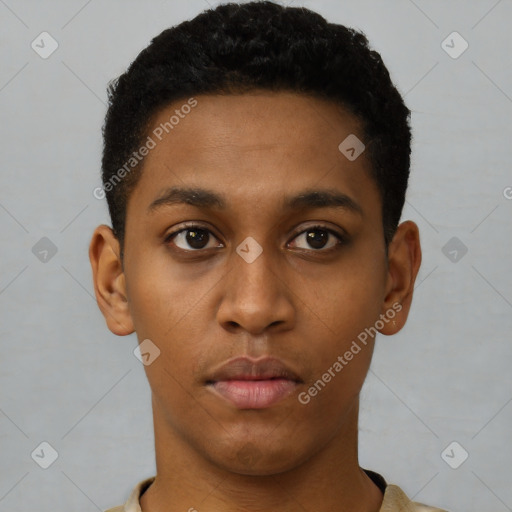 Neutral black young-adult male with short  black hair and brown eyes
