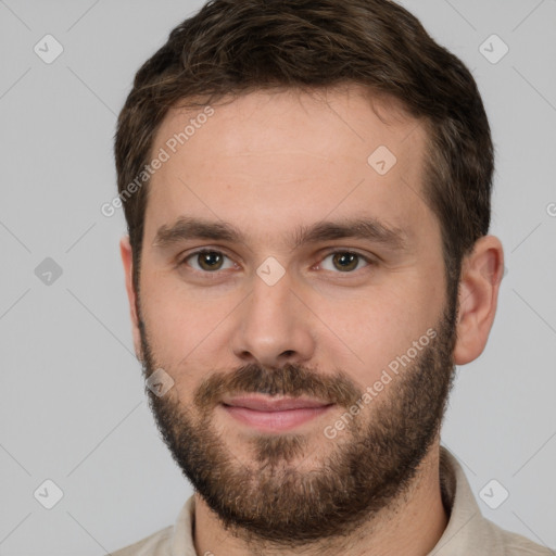 Neutral white young-adult male with short  brown hair and brown eyes