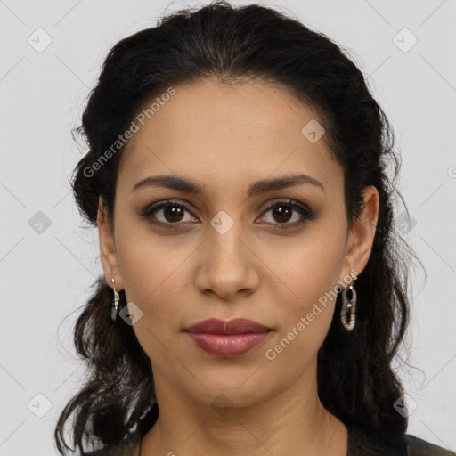 Joyful latino young-adult female with medium  brown hair and brown eyes