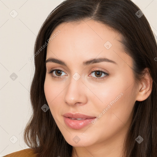 Neutral white young-adult female with long  brown hair and brown eyes