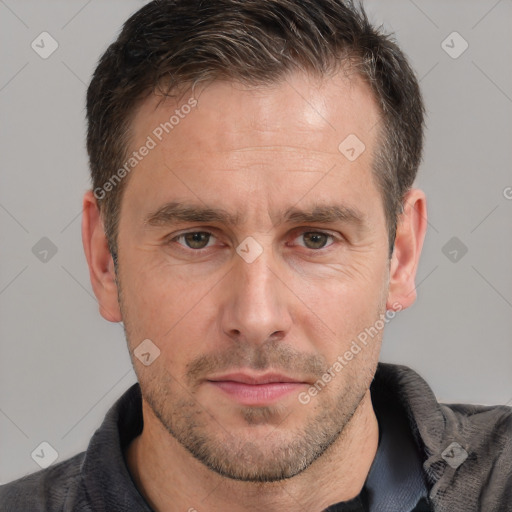 Neutral white adult male with short  brown hair and brown eyes