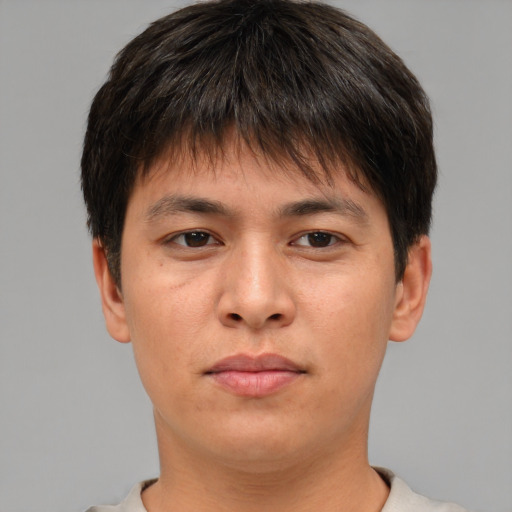 Neutral asian young-adult male with short  brown hair and brown eyes