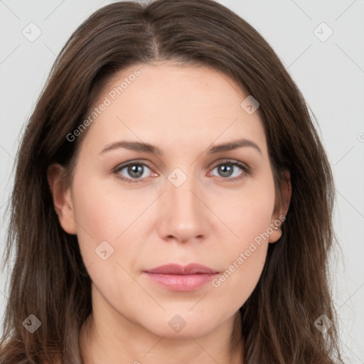 Neutral white young-adult female with long  brown hair and brown eyes