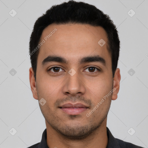 Neutral latino young-adult male with short  black hair and brown eyes