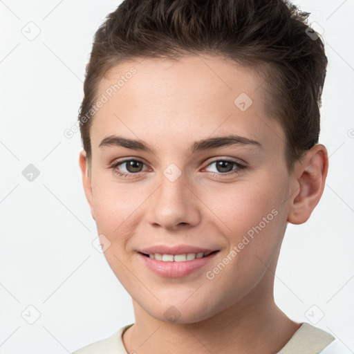 Joyful white young-adult female with short  brown hair and brown eyes