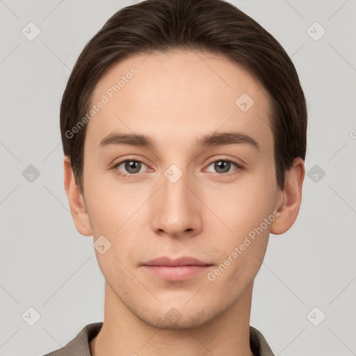 Neutral white young-adult male with short  brown hair and brown eyes