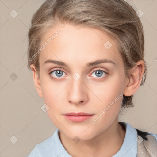 Neutral white young-adult female with medium  brown hair and grey eyes