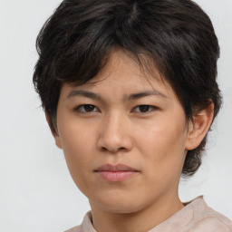 Joyful asian young-adult female with short  brown hair and brown eyes