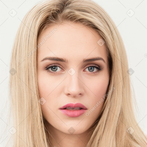 Neutral white young-adult female with long  brown hair and brown eyes