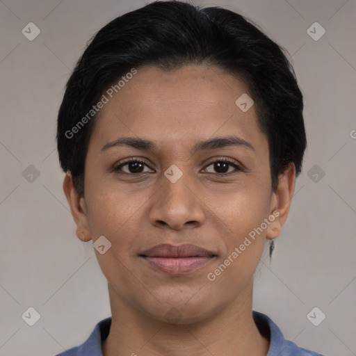 Joyful asian young-adult female with short  brown hair and brown eyes