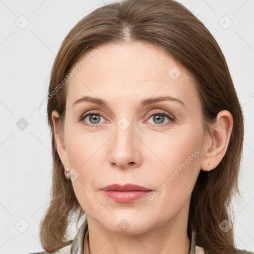 Neutral white young-adult female with medium  brown hair and grey eyes