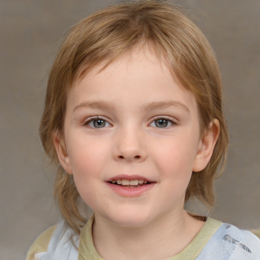 Joyful white child female with medium  brown hair and grey eyes