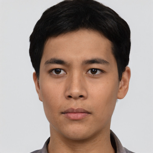 Neutral asian young-adult male with short  black hair and brown eyes