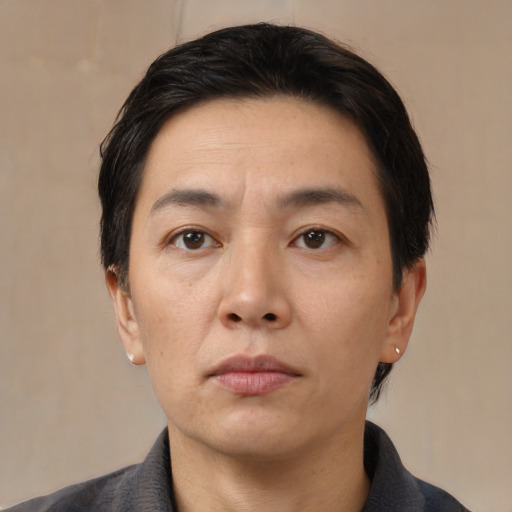 Neutral asian adult male with short  black hair and brown eyes