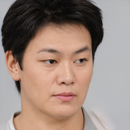 Neutral asian young-adult male with short  brown hair and brown eyes