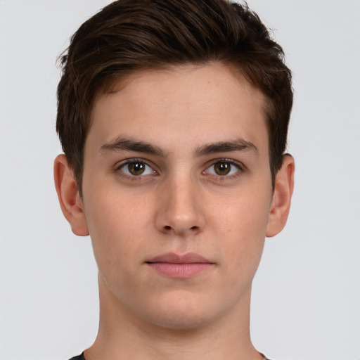 Neutral white young-adult male with short  brown hair and brown eyes