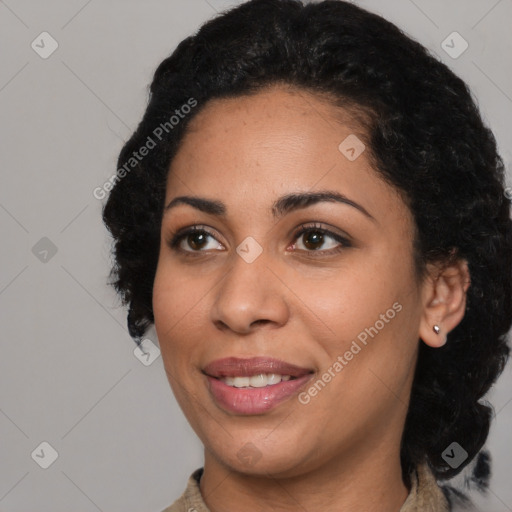 Joyful latino young-adult female with medium  black hair and brown eyes