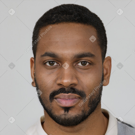 Neutral black young-adult male with short  black hair and brown eyes