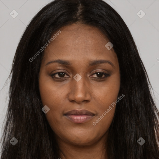 Joyful asian young-adult female with long  brown hair and brown eyes