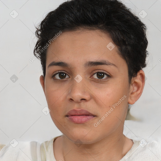 Neutral latino young-adult female with short  brown hair and brown eyes