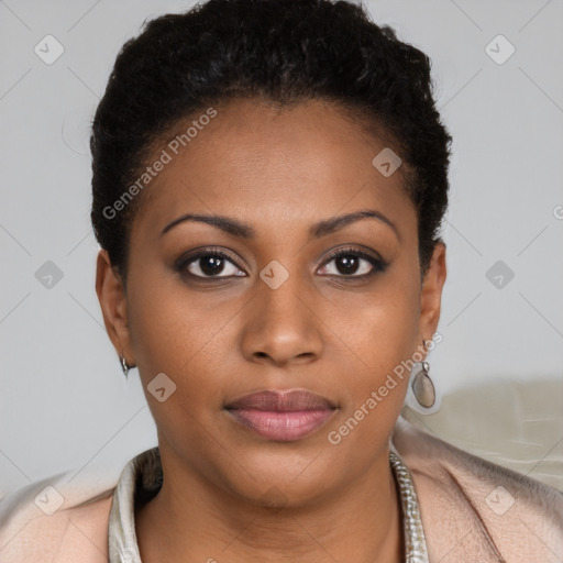 Joyful black young-adult female with short  brown hair and brown eyes