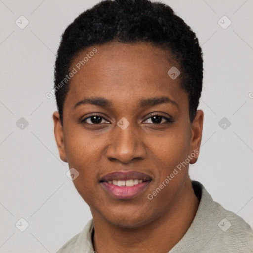 Joyful black young-adult female with short  black hair and brown eyes