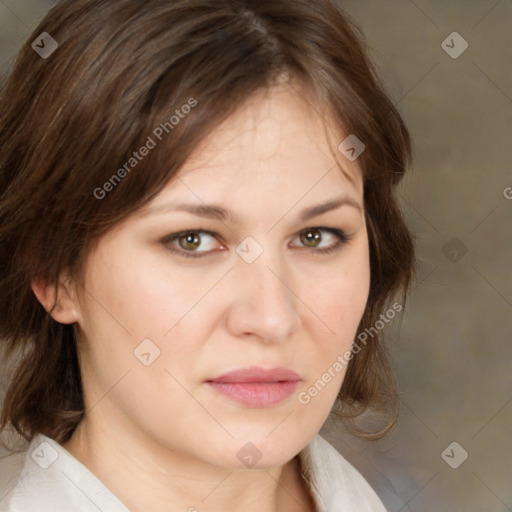 Neutral white young-adult female with medium  brown hair and brown eyes