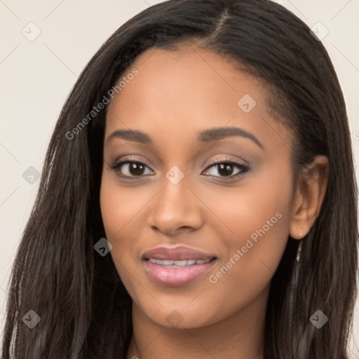 Joyful latino young-adult female with long  brown hair and brown eyes