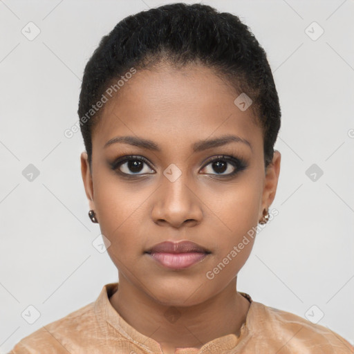 Neutral black young-adult female with short  brown hair and brown eyes