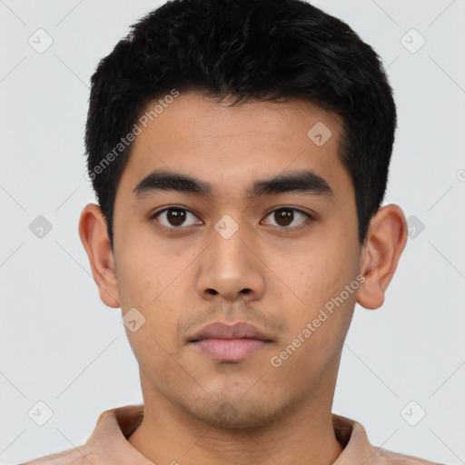 Neutral asian young-adult male with short  black hair and brown eyes