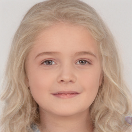 Joyful white child female with medium  blond hair and blue eyes