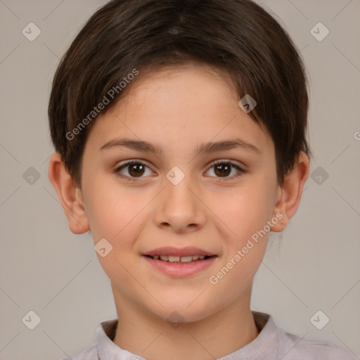 Joyful white child female with short  brown hair and brown eyes