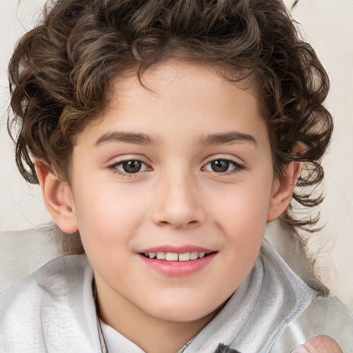 Joyful white child female with medium  brown hair and brown eyes