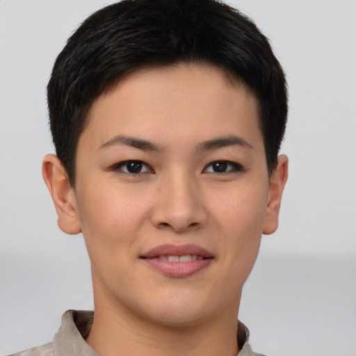 Joyful asian young-adult female with short  brown hair and brown eyes