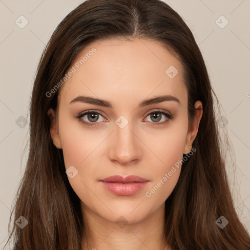 Neutral white young-adult female with long  brown hair and brown eyes