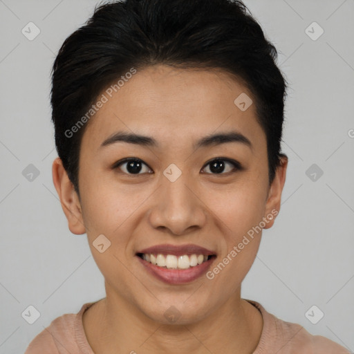 Joyful latino young-adult female with short  black hair and brown eyes